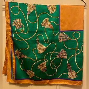 Emeraude Scarf in Satin Made in Italy Green Gold and Purple Tassel Design